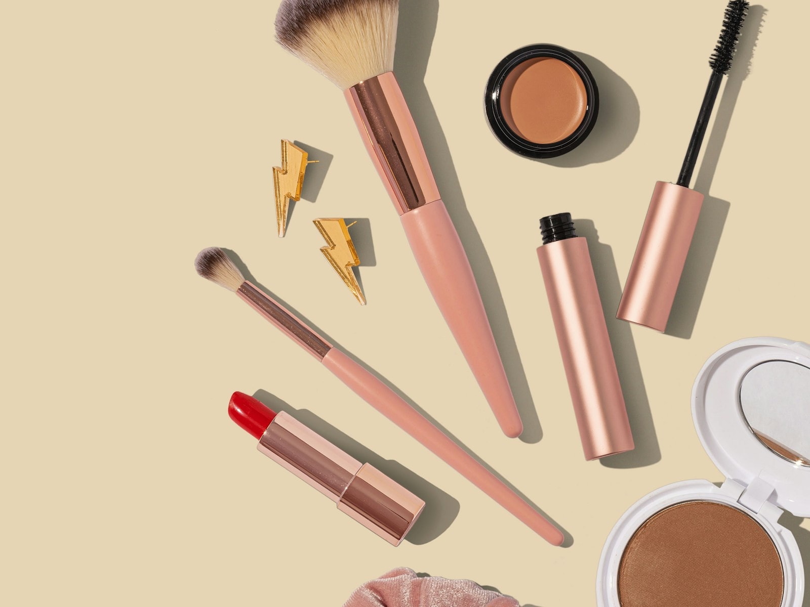 Flat-lay of beauty products styled for social content